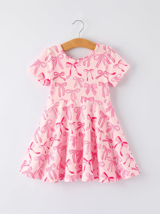 Rylee Faith Designs Girls Pink Dress with Bow Pattern - Cute Short Sleeve Outfit