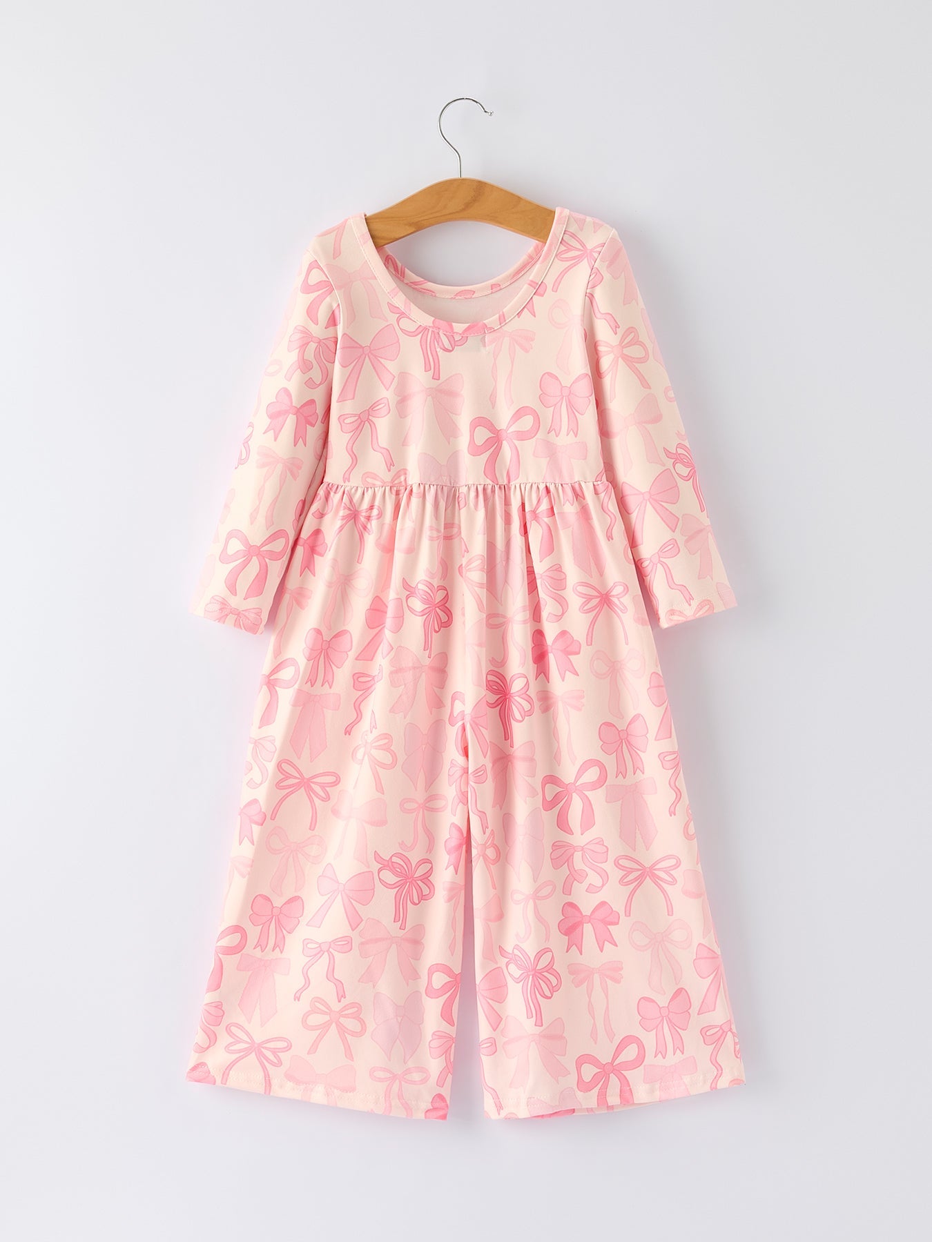 Girls Pink Bow Print Long Sleeve Jumpsuit