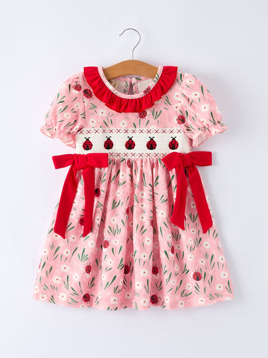 Rylee Faith Designs Spring Ladybug Smocked Embroidered Girls Dress