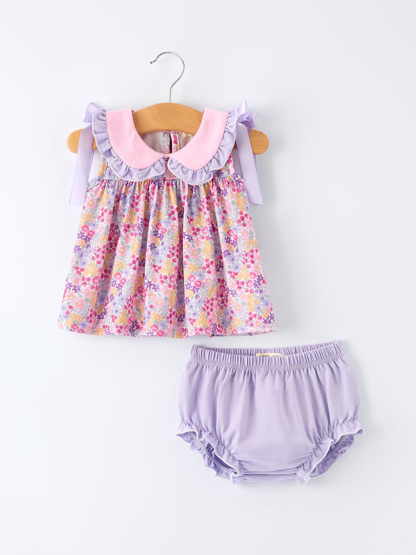 Rylee Faith Designs Spring Purple Floral Bow Ruffle Girl Bloomer Set