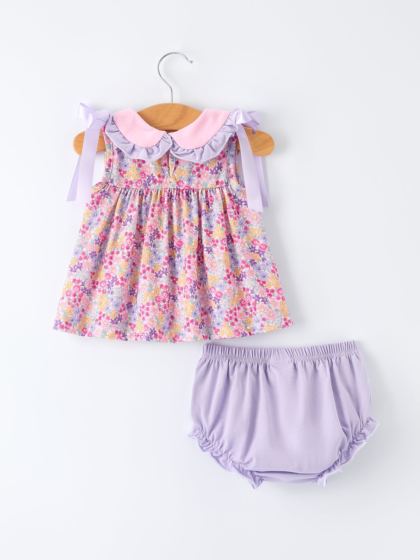 Rylee Faith Designs Spring Purple Floral Bow Ruffle Girl Bloomer Set