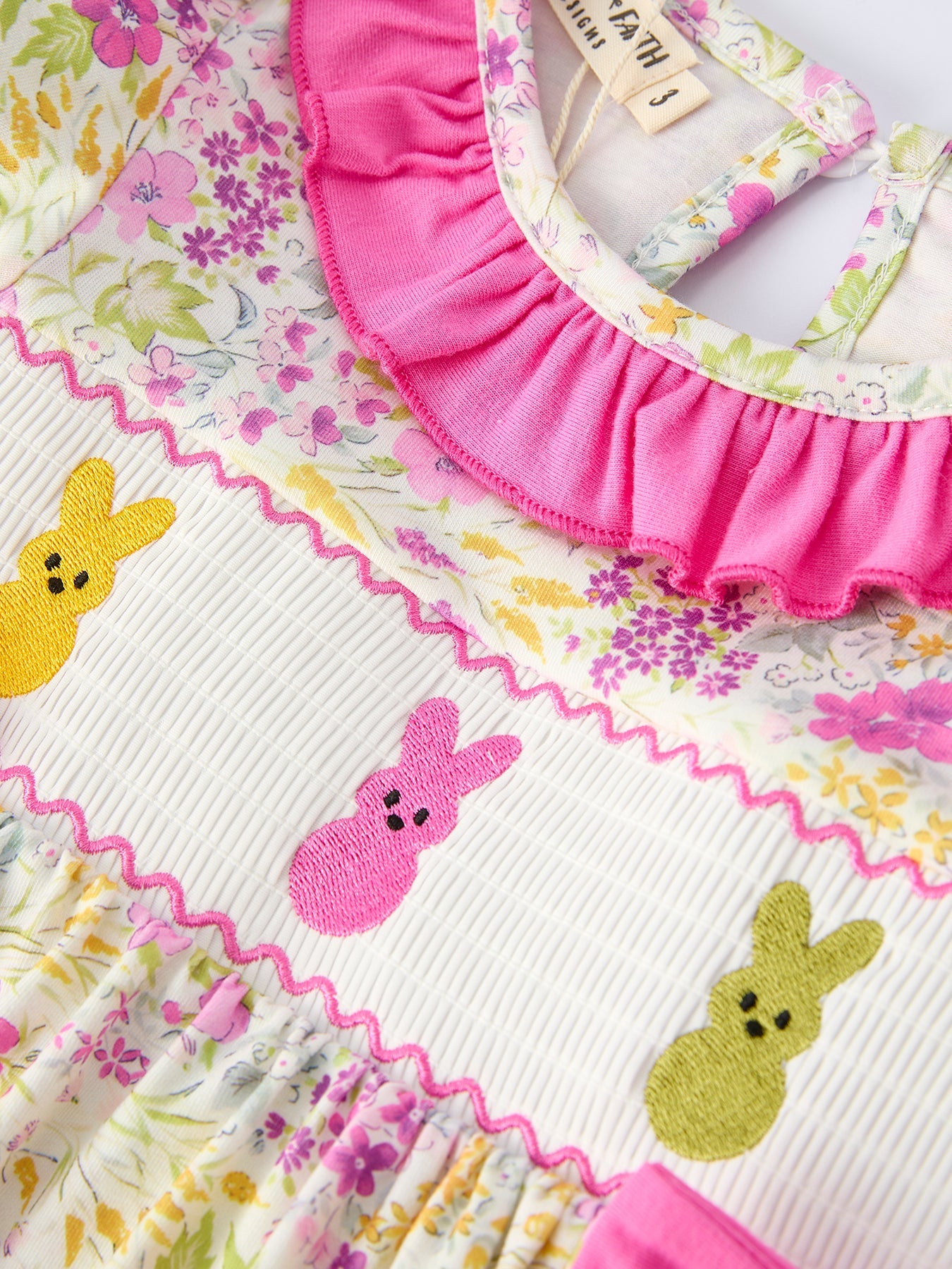 Rylee Faith Designs Easter Pink Bunny Embroidered Floral Long-Sleeved Girls' Dress