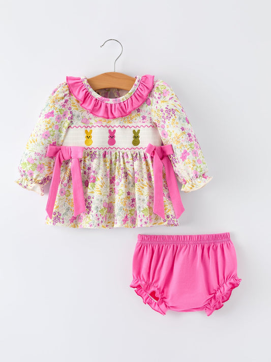 Rylee Faith Designs Easter Pink Bunny Embroidered Floral Long-Sleeved Girl Bloomer Set