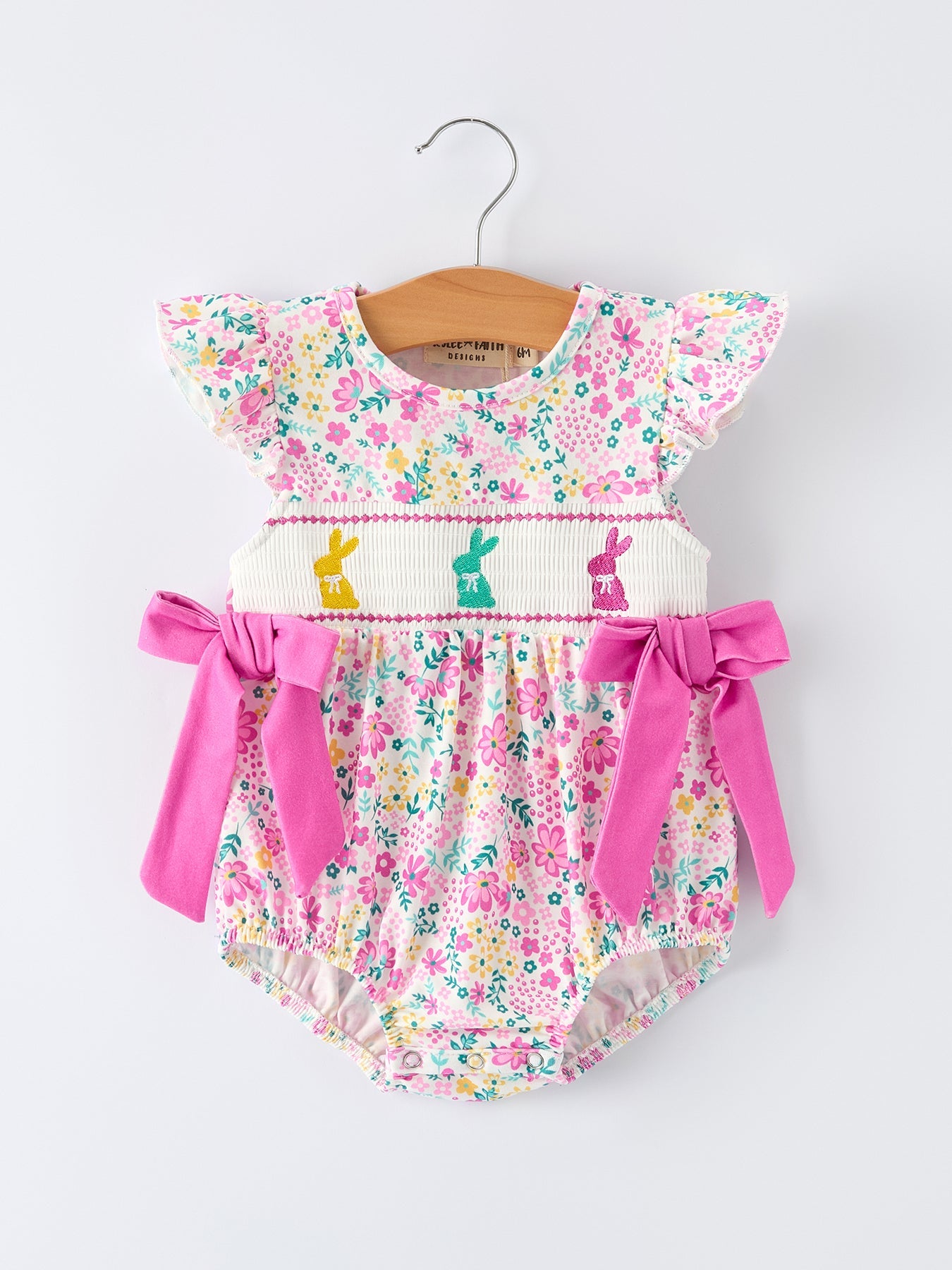 Rylee Faith Designs Easter Colorful Floral Bunny Bow Smocking Embroidery Baby Girl Romper