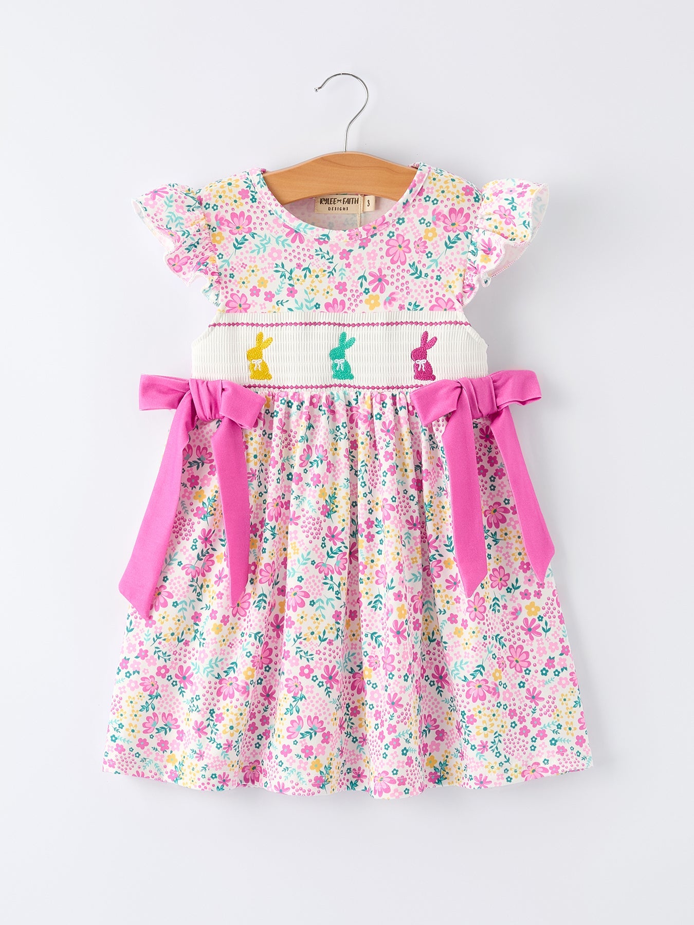 Rylee Faith Designs Easter Colorful Floral Bunny Bow Smocking Embroidery Girl Dress