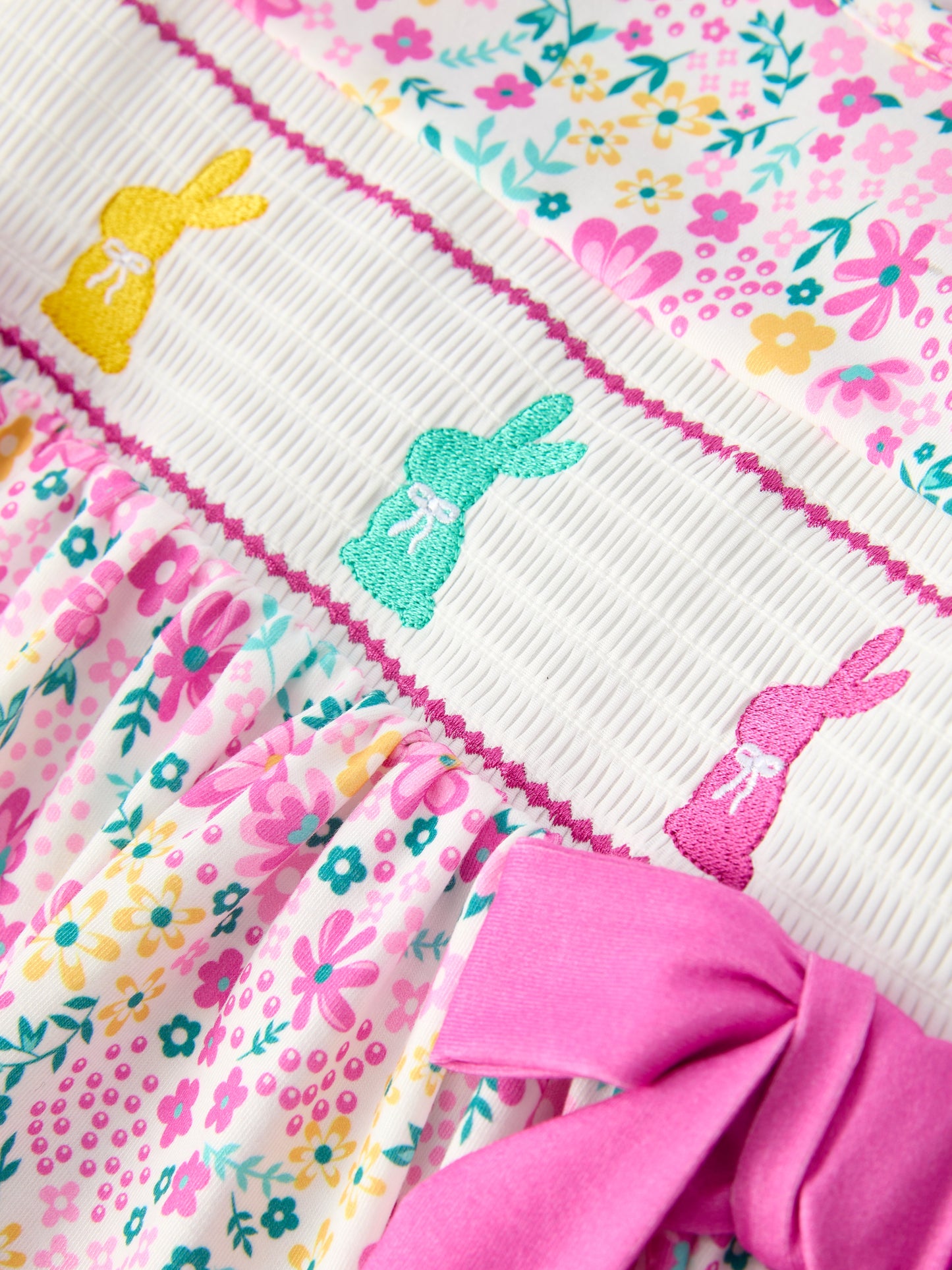 Rylee Faith Designs Easter Colorful Floral Bunny Bow Smocking Embroidery Girl Dress