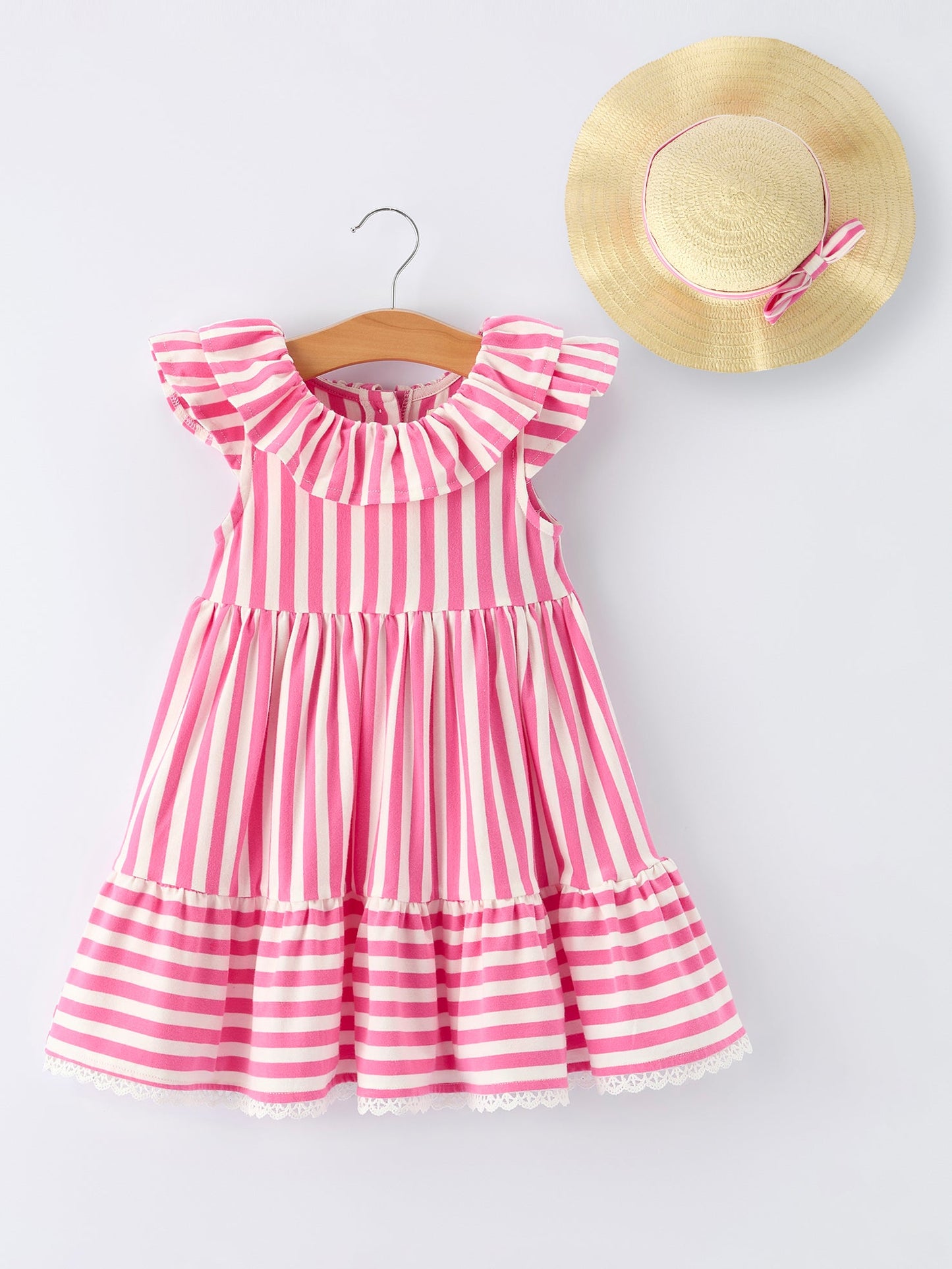 Rylie Faith Designs Spring Pink Striped Ruffled Girls' Dress with Hat