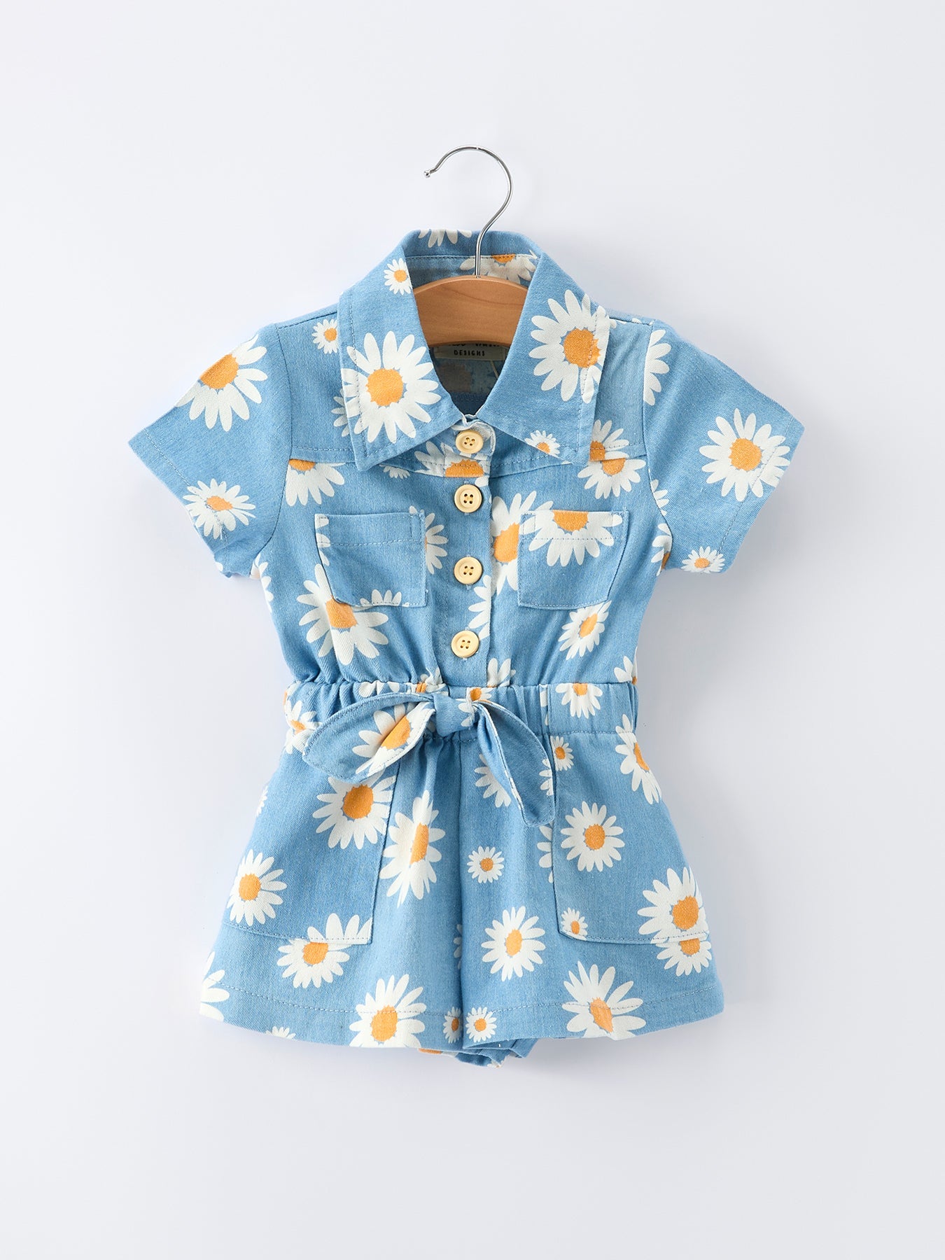 Rylee Faith Designs Spring Daisy Print Girls Blue Denim Jumpsuit