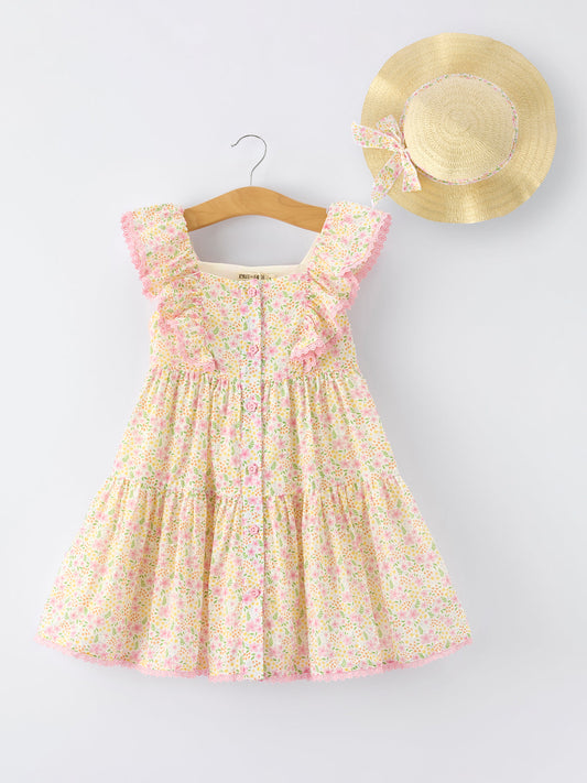 Rylee Faith Designs Spring Floral Girls Ruffle Dress With Bow Straw Hat Set