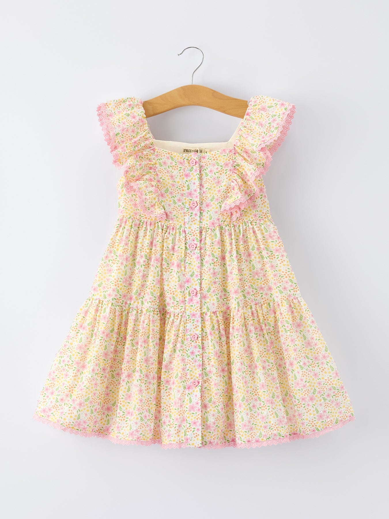 Rylee Faith Designs Spring Floral Girls Ruffle Dress With Bow Straw Hat Set