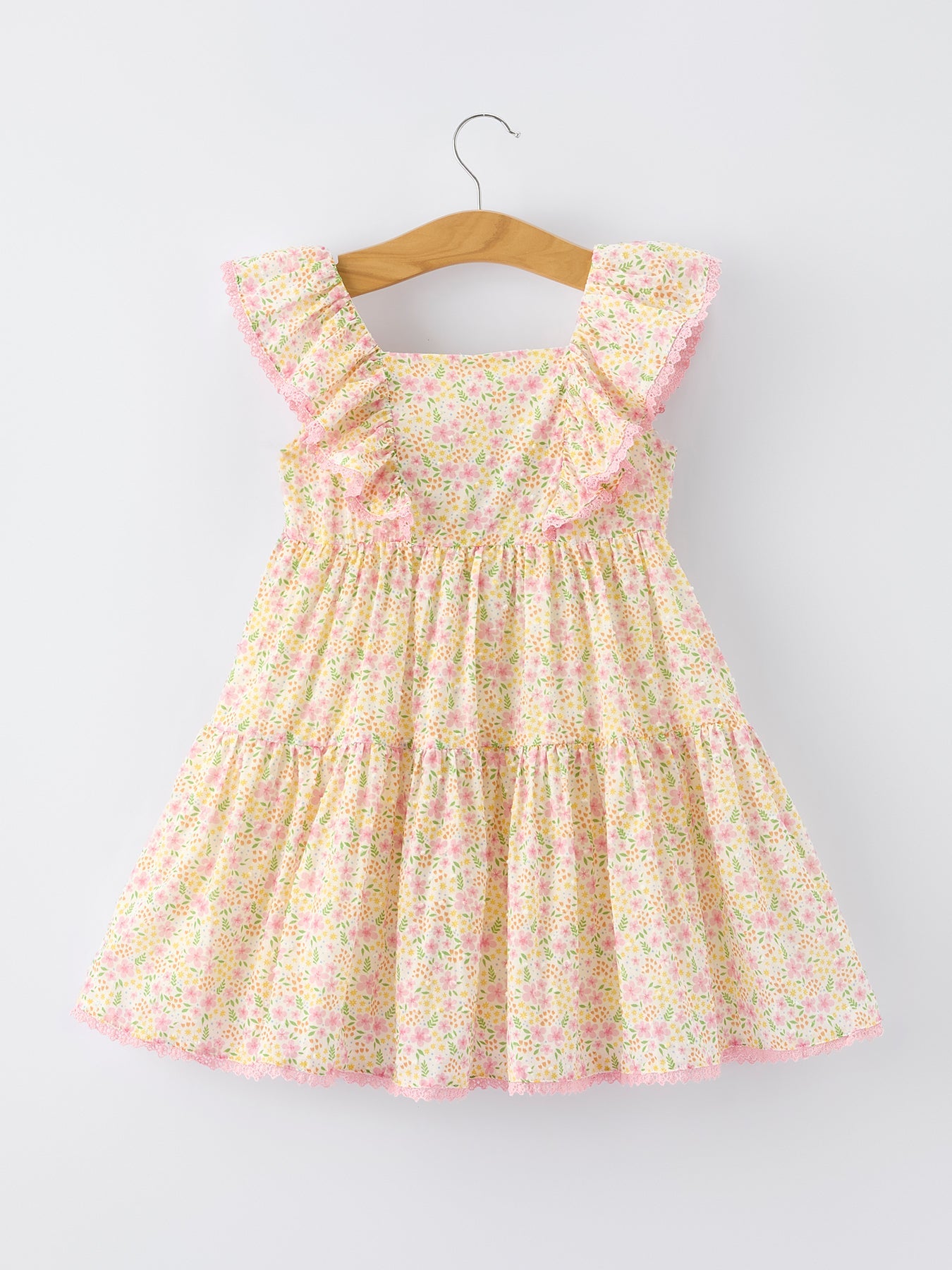 Rylee Faith Designs Spring Floral Girls Ruffle Dress With Bow Straw Hat Set