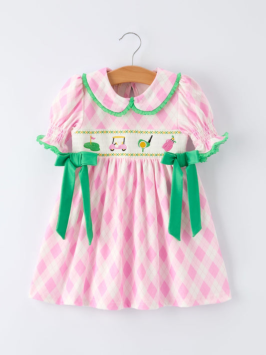 Rylee Faith Designs Spring Golf Embroidered Girls Smocked Bow Dress