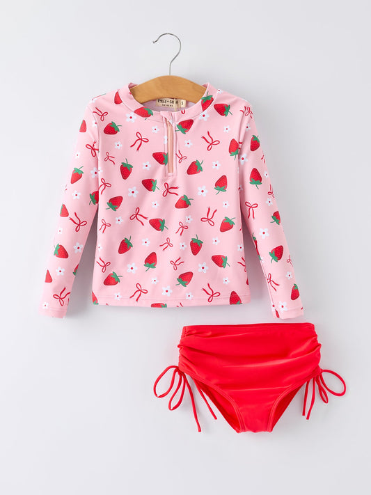 Rylee Faith Designs Summer Strawberry Print Girls Long Sleeve Swim Set