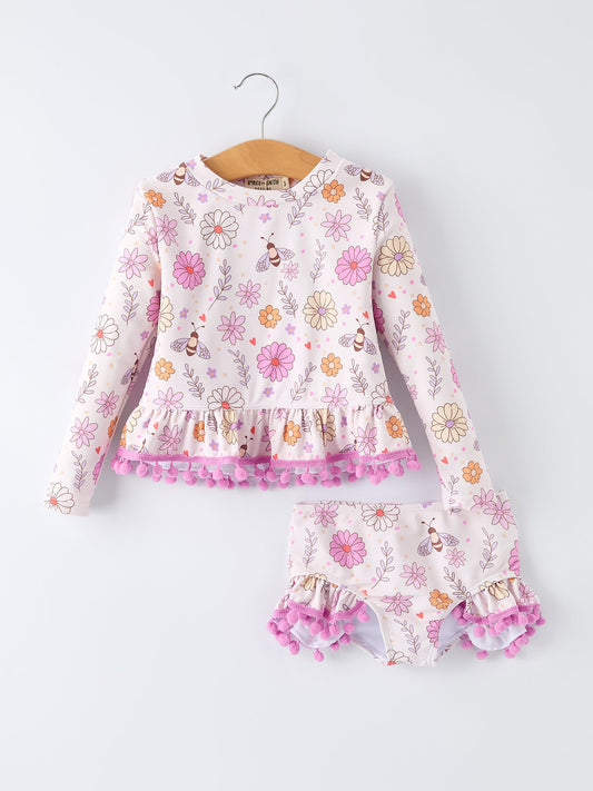 Rylee Faith Designs Girls Floral Bee Long Sleeve Ruffle Swimsuit Set