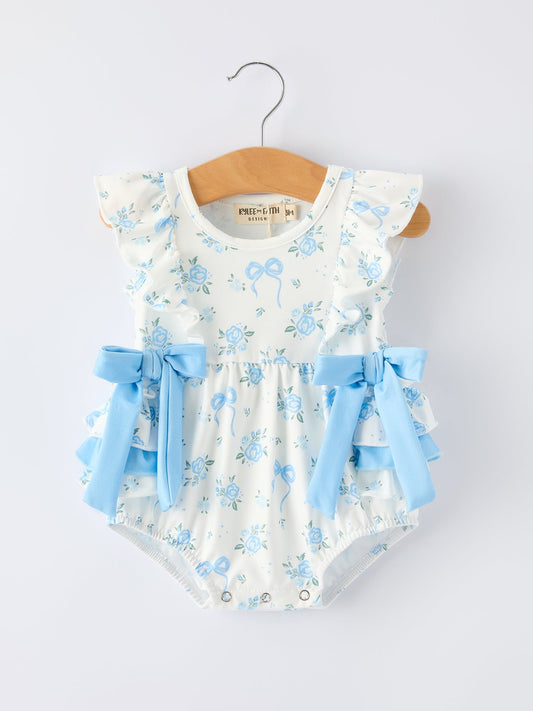 Rylee Faith Designs Spring Floral Girls Romper Bow Ruffle