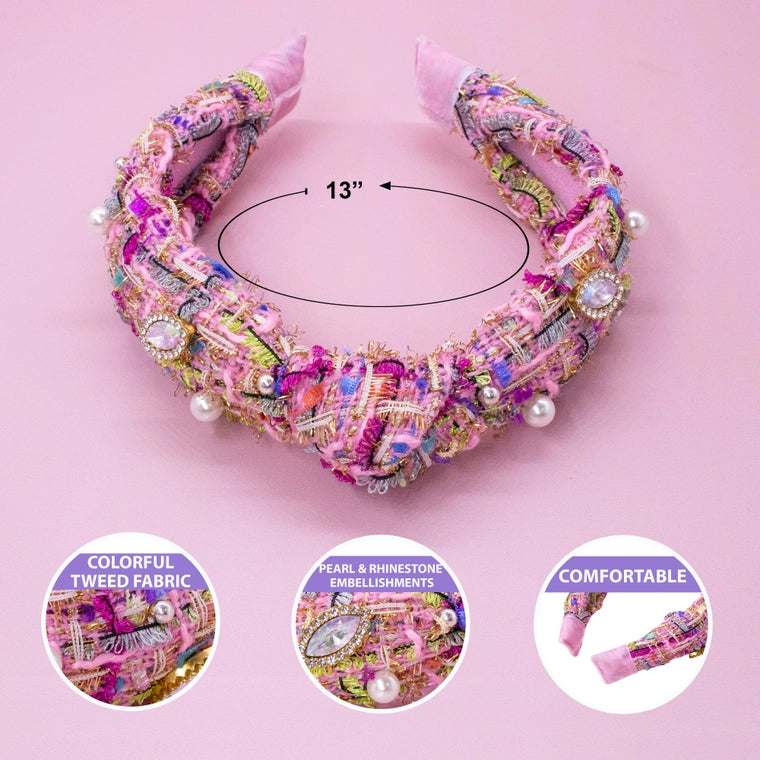 Frog Sac Embellished Rhinestone Pearl Knot Headband - Pink