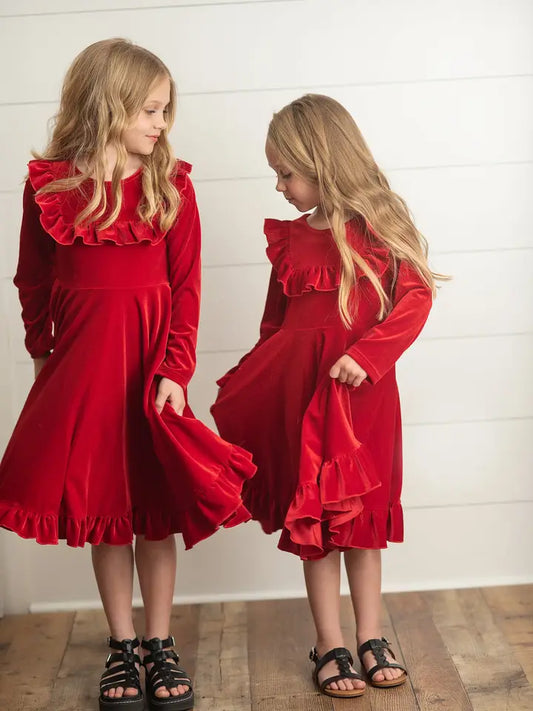 Adorable Sweetness Kids Red Velvet Ruffle Fancy Holiday Dress