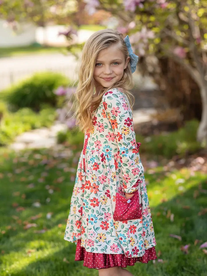 Adorable Sweetness Kids Cream & Burgundy Floral Ruffle Pocket Dress