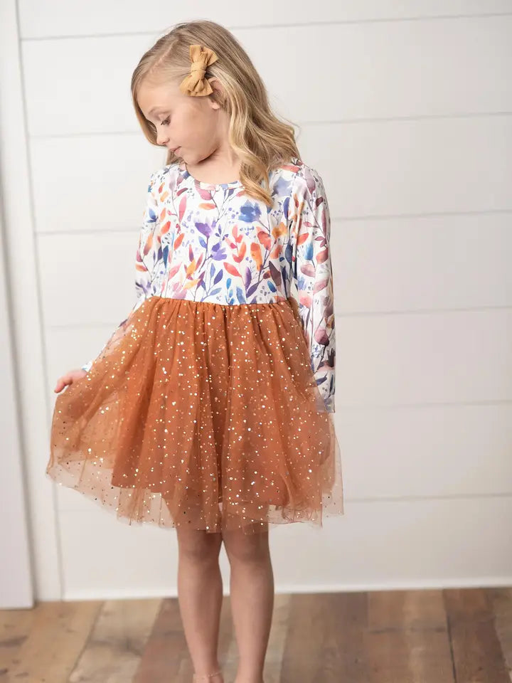 Adorable Sweetness Fall Floral Print Tulle Sparkle Dress