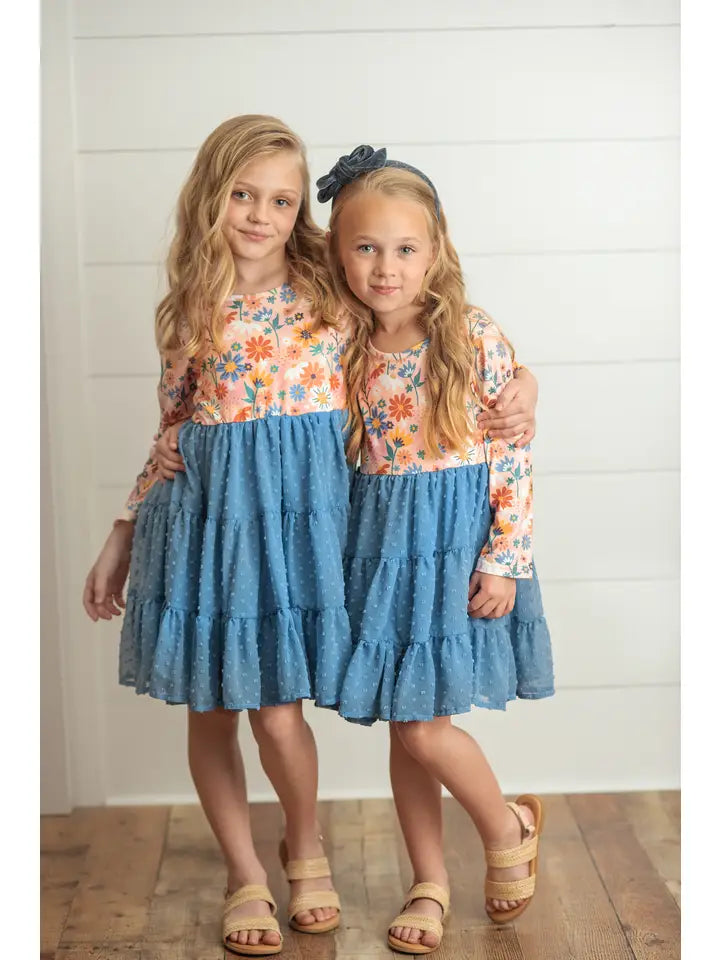 Adorable Sweetness Kids Dusty Blue Flower Print Swiss Dot Tulle Fall Dress