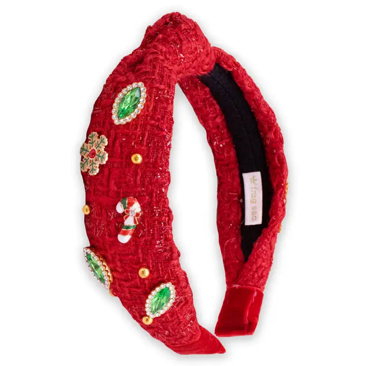 Frog Sac Embellished Christmas Knot Headband - Tweed Rhinestone