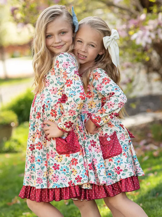 Adorable Sweetness Kids Cream & Burgundy Floral Ruffle Pocket Dress