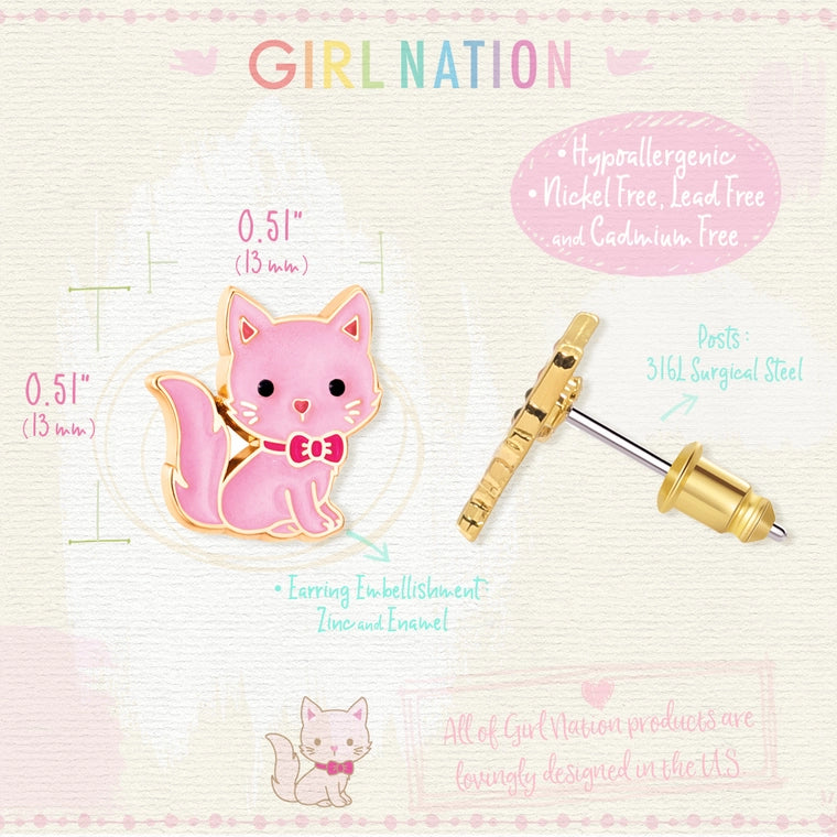 Girl Nation Cutie Stud Earrings - Pink Kitty