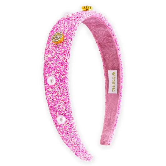 Frog Sac Embellished Pearl and Rhinestone Glitter Headband - Pink