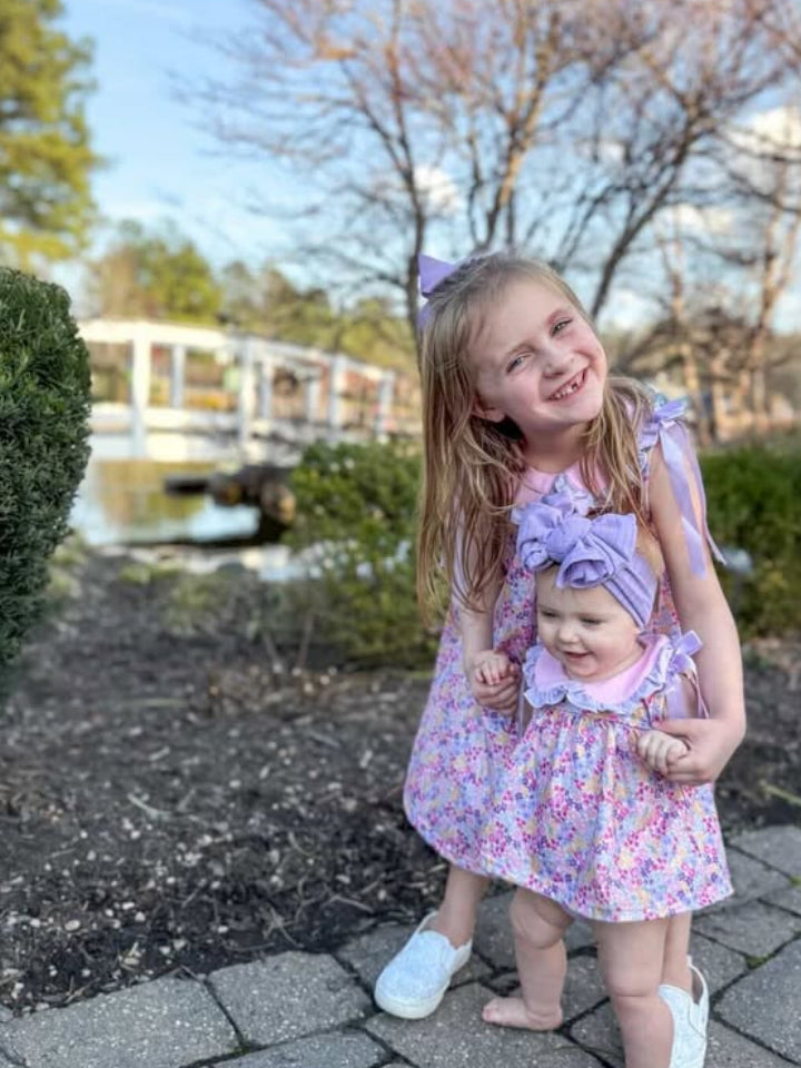 Rylee Faith Designs Spring Purple Floral Bow Ruffle Girl Bloomer Set