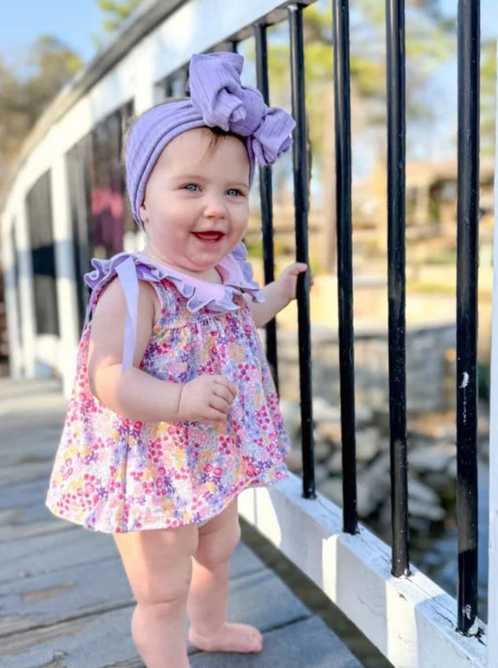 Rylee Faith Designs Spring Purple Floral Bow Ruffle Girl Bloomer Set