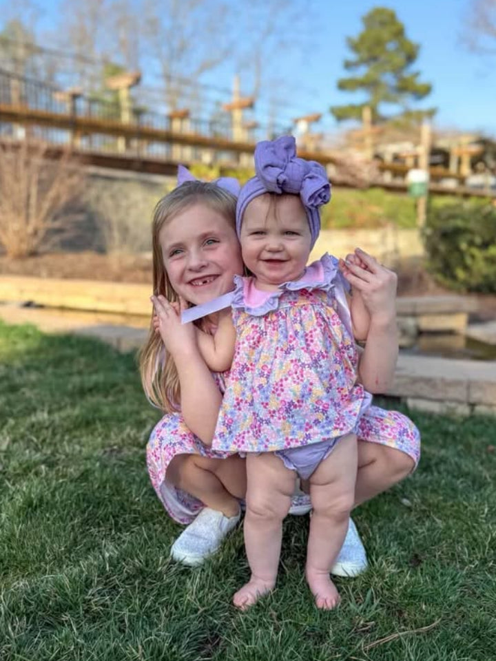 Rylee Faith Designs Spring Purple Floral Bow Ruffle Girl Bloomer Set