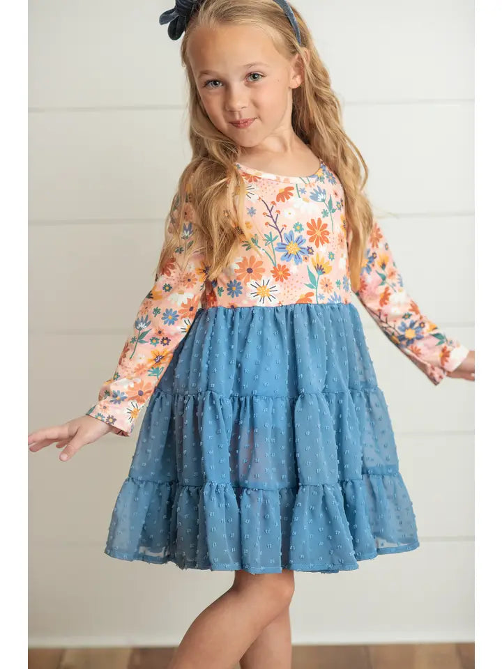 Adorable Sweetness Kids Dusty Blue Flower Print Swiss Dot Tulle Fall Dress