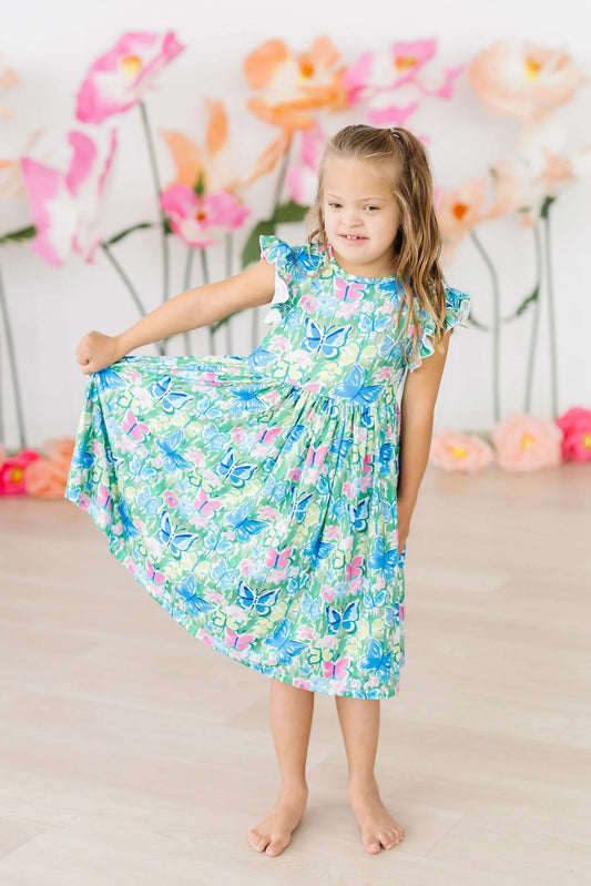 Mila & Rose Watercolor Butterflies Flutter Sleeve Twirl Dress