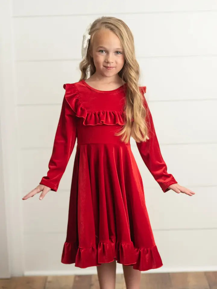 Adorable Sweetness Kids Red Velvet Ruffle Fancy Holiday Dress