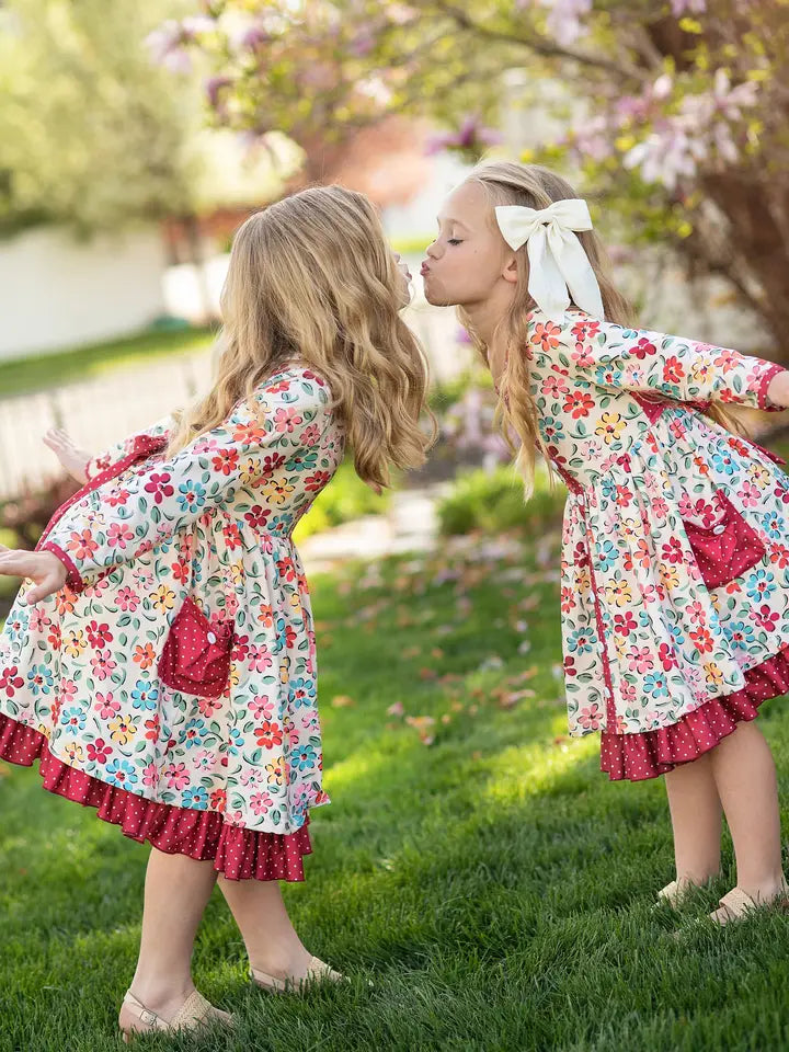 Adorable Sweetness Kids Cream & Burgundy Floral Ruffle Pocket Dress