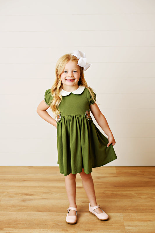 Swoon Kids Vintage Olive Floral Proper Gwen Dress