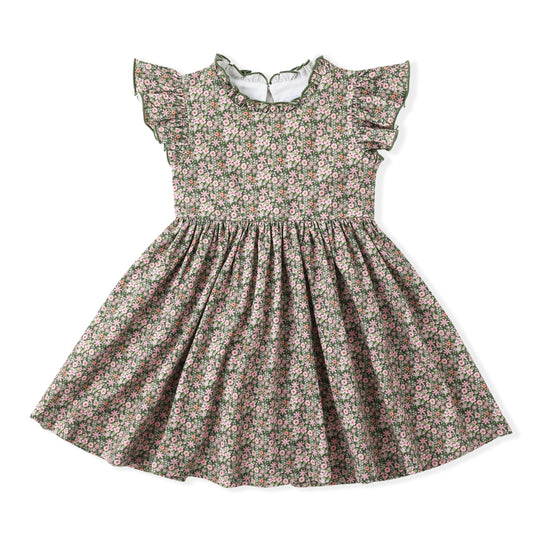 Swoon Kids Vintage Olive Floral Flutter Dress Style FW2512