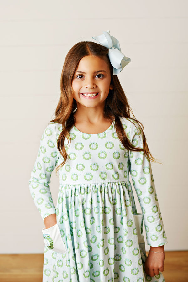Swoon Kids Merry Wreath Embroidered Pocket Dress Style FW2560