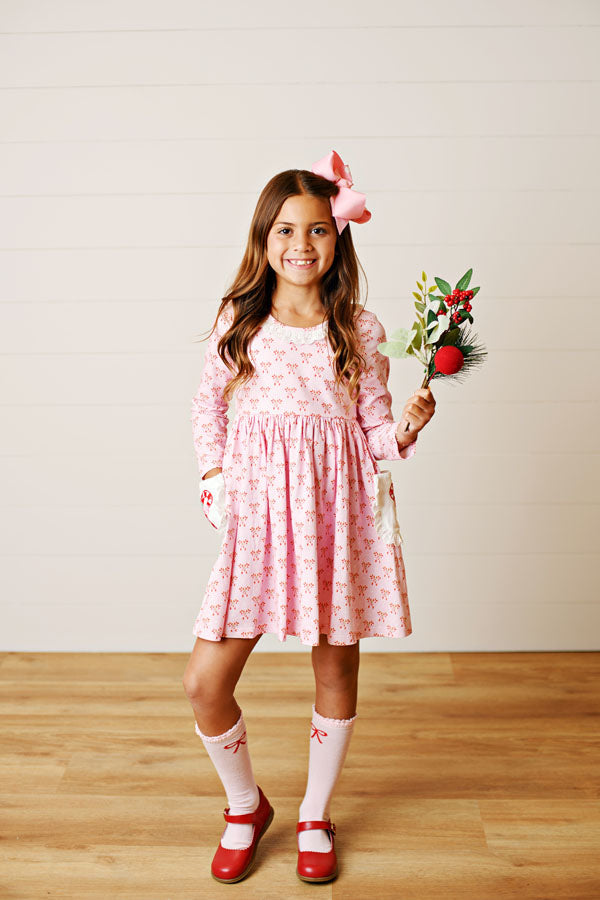 Swoon Kids Candy Cane Lane Embroidery Pocket Dress Style FW2571
