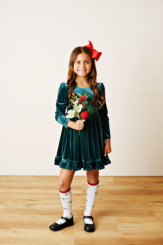 Swoon Kids Hunter Green Crushed Velvet Dress