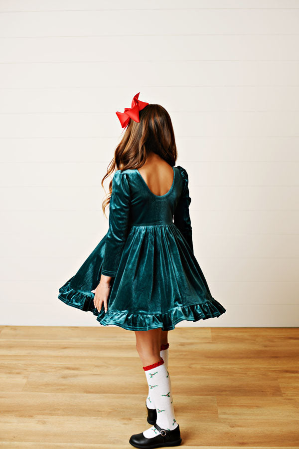 Swoon Kids Hunter Green Crushed Velvet Dress