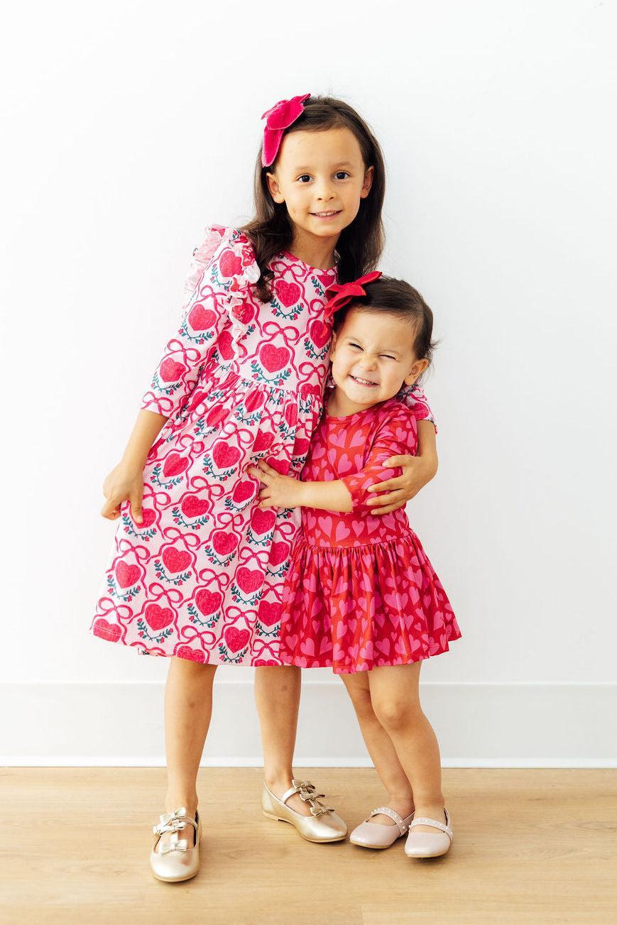 Mila and Rose Fluttering Hearts 3/4 Sleeve Ruffle Twirl Dress