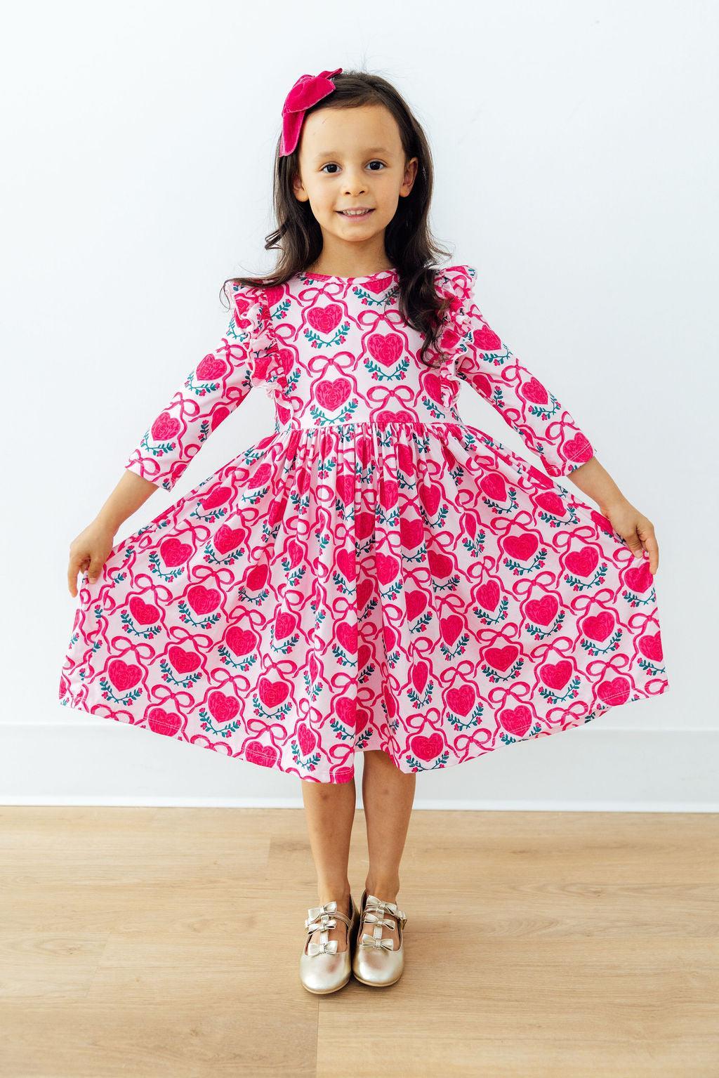 Mila and Rose Fluttering Hearts 3/4 Sleeve Ruffle Twirl Dress
