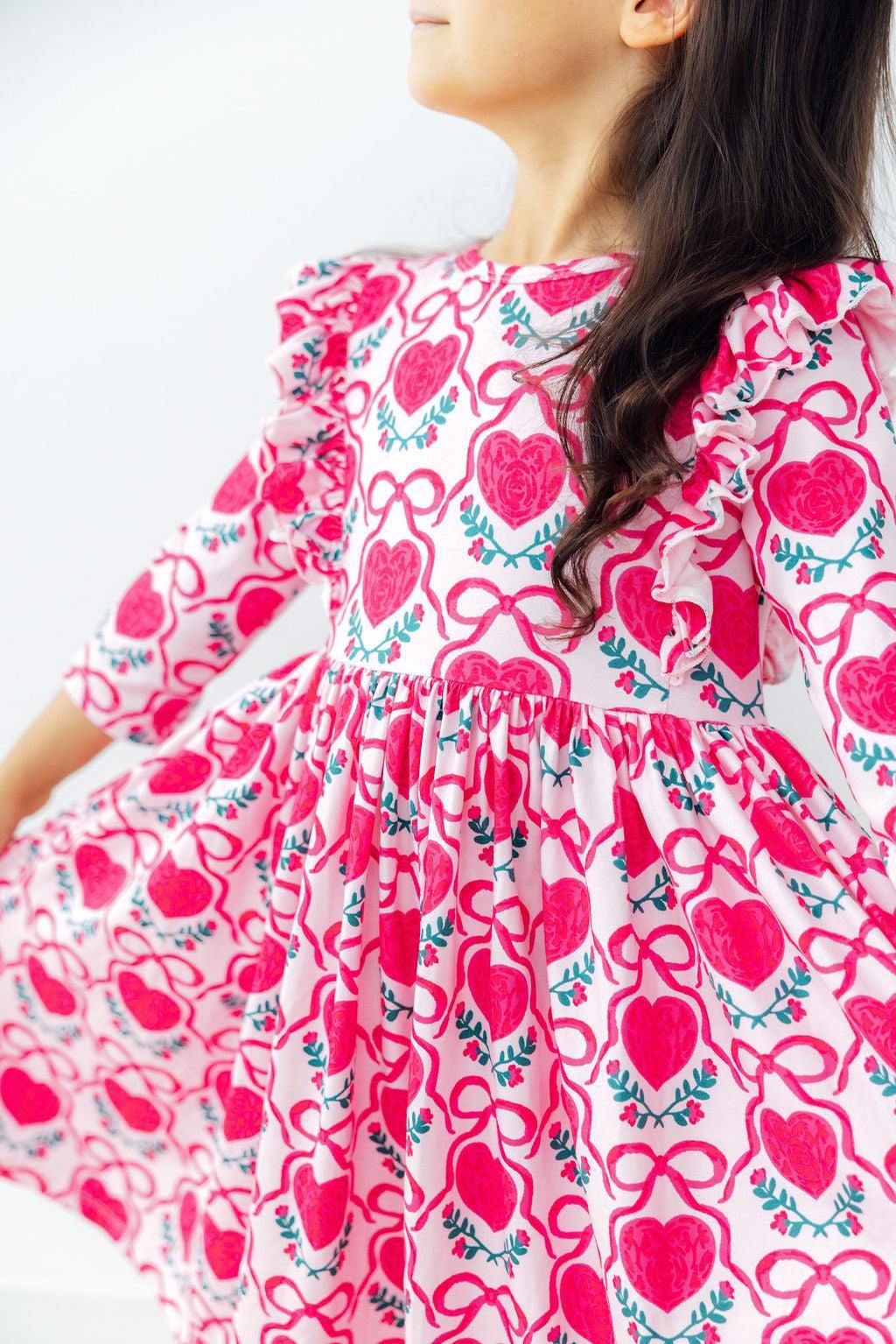 Mila and Rose Fluttering Hearts 3/4 Sleeve Ruffle Twirl Dress