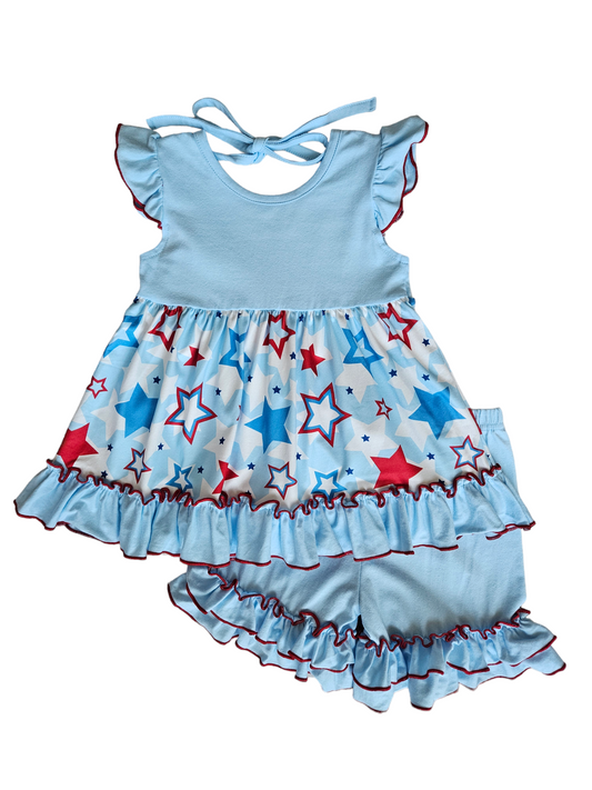 Girls Red White and Blue Stars Ruffled Short Set