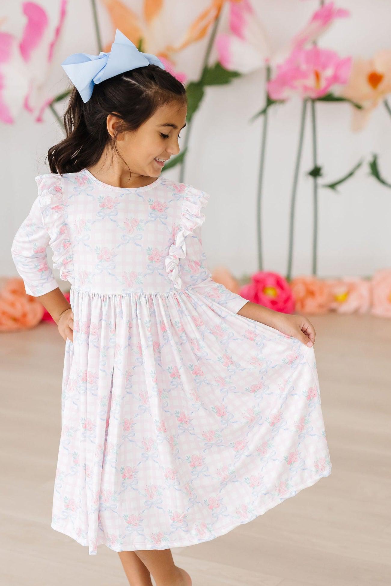 Mila & Rose Ribbons & Roses 3/4 Sleeve Ruffle Twirl Dress