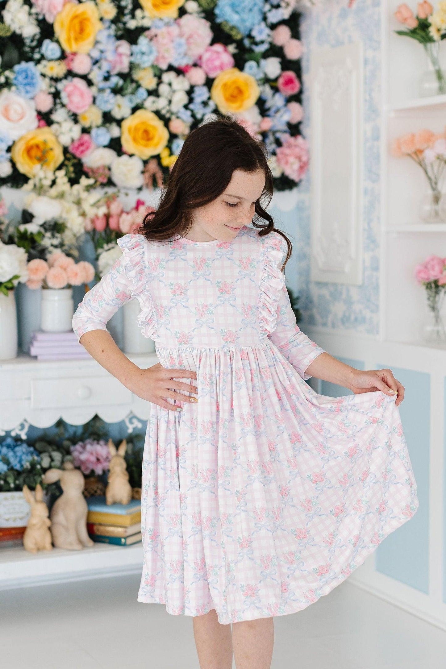 Mila & Rose Ribbons & Roses 3/4 Sleeve Ruffle Twirl Dress