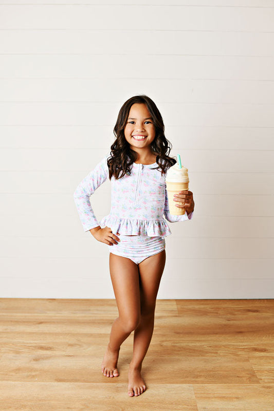 Swoon Kids Watercolor Cherries Long Sleeve Rashguard Swimsuit