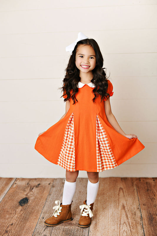 Swoon Baby Game Day Orange Gingham Pleat Dress