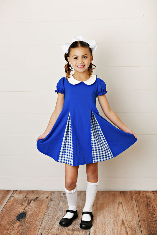 Swoon Baby Game Day Blue Gingham Pleat Dress